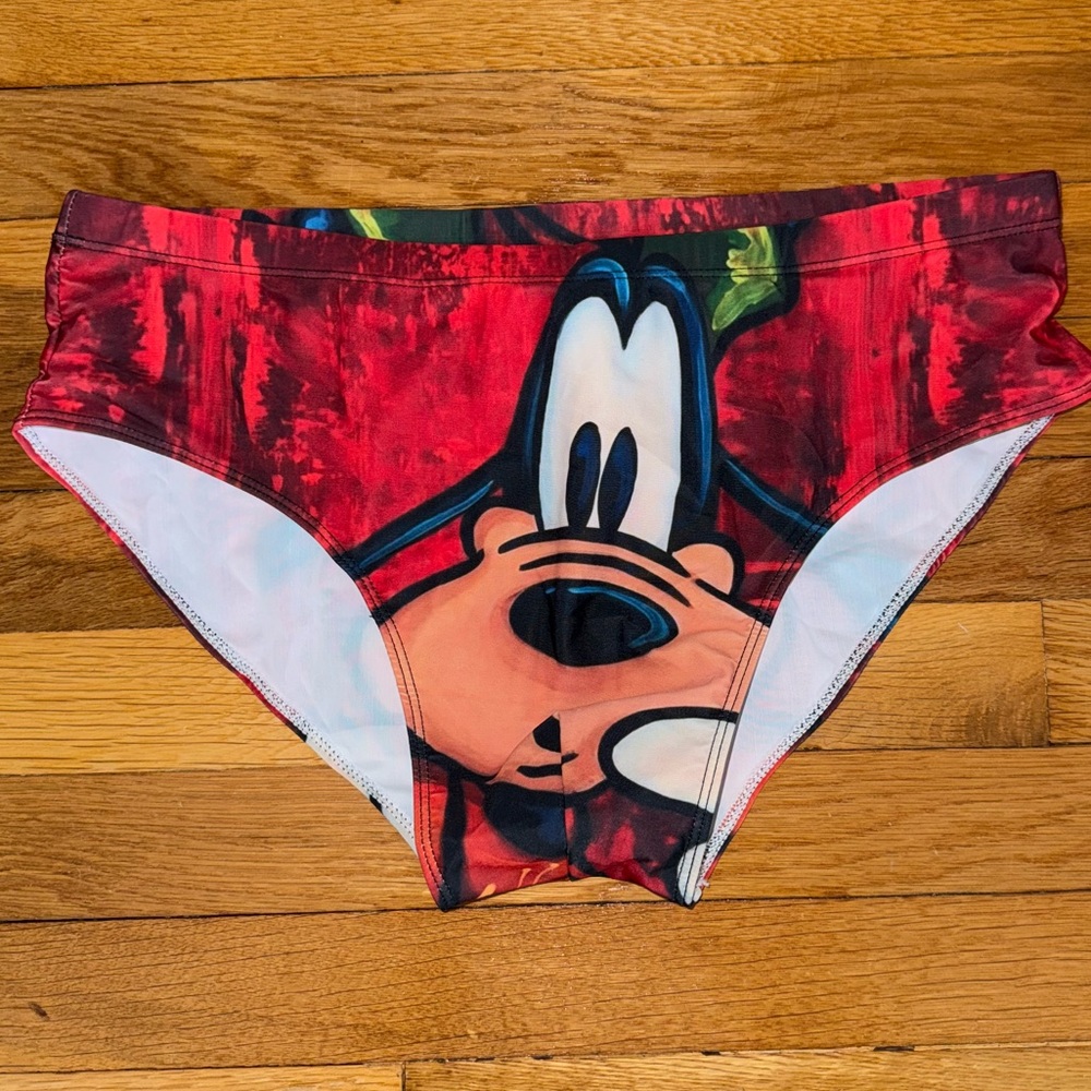 Goofy Men's Red Swim Briefs with Character Design Vibrant Color XL